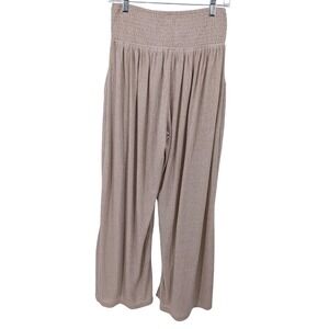 Blu Ivy Wide Leg Pants Women Medium‎ Beige Smocked Waist Boho Baggy Lagenlook